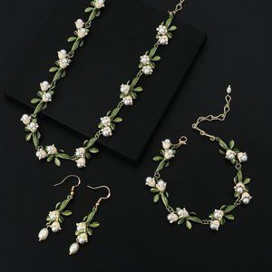 Art Nouveau Style Faux Pearl Lily Of The Valley Necklace + Bracelet + Earrings